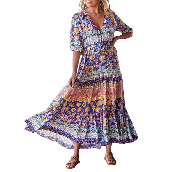 Nituyy Women's Floral Print Long Dress Half Sleeves V-Neck Slit Hem Flowy A-Line Dress for Summer