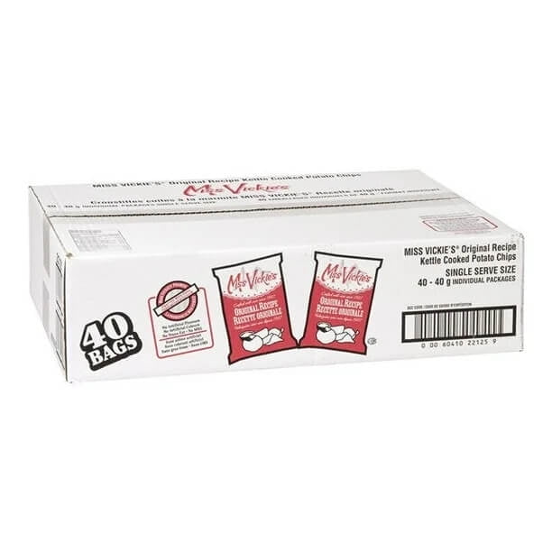 Miss Vickies Original Recipe Vending Potato Chips, Zero Trans Fat | 40G/Unit, 40 Units/Case centered front view of multiple 40 g sealed kettle-cooked chip bags in a vending-style arrangement showing product title and brand a2zbaazar; label lists specially selected potatoes, vegetable oil and sea salt, case weight 1.6 kg and dimensions 6.75 x 16 x 24 in (17.14 x 40.64 x 60.96 cm). Ready-to-use snack to serve with sandwiches, salads or soups; also suitable for party snack bowls or packed lunches.