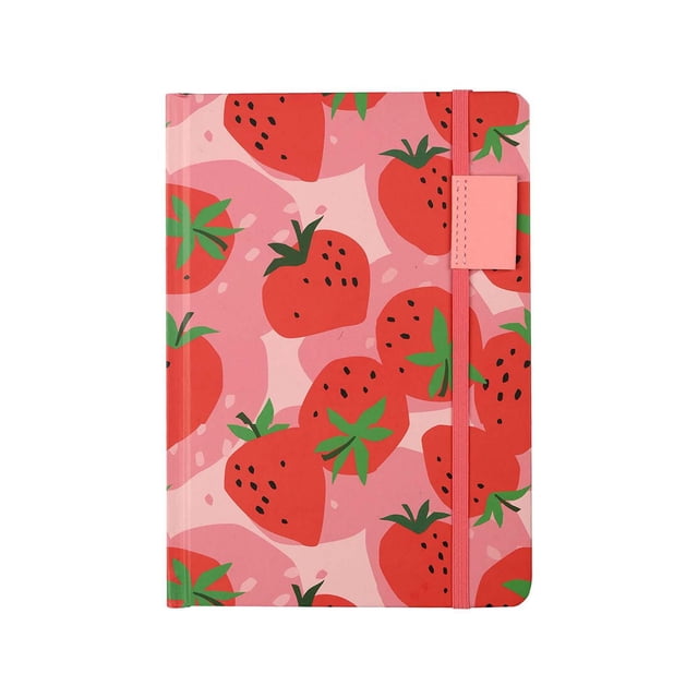 PG STRAWBERRY JRNL is a hardcover journal with a pink cover featuring red strawberries and green leaves, secured by a pink elastic band and pen holder. It includes 128 dotted, perforated pages, an inside pocket, and two bookmarks, ideal for organizing notes, planning, and creative journaling within office and school supplies.
