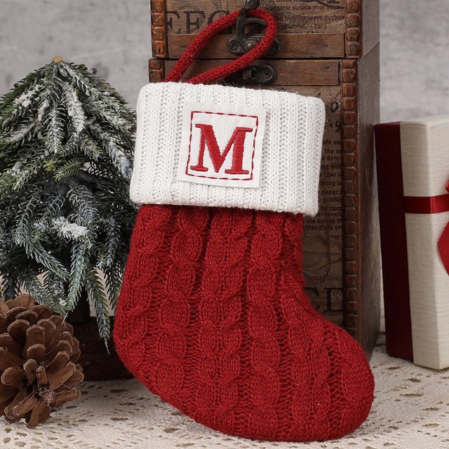 Initial Stockings Christmas 7 in Red Knit With White Alphabet Letters 26 Piece Set For Home Holiday Decor