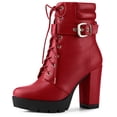 thumbnail image 1 of BLISSFUL STEP Women's Platform Buckle Lace Up Block Heel Ankle Boot Red (Size 9.5), 1 of 7
