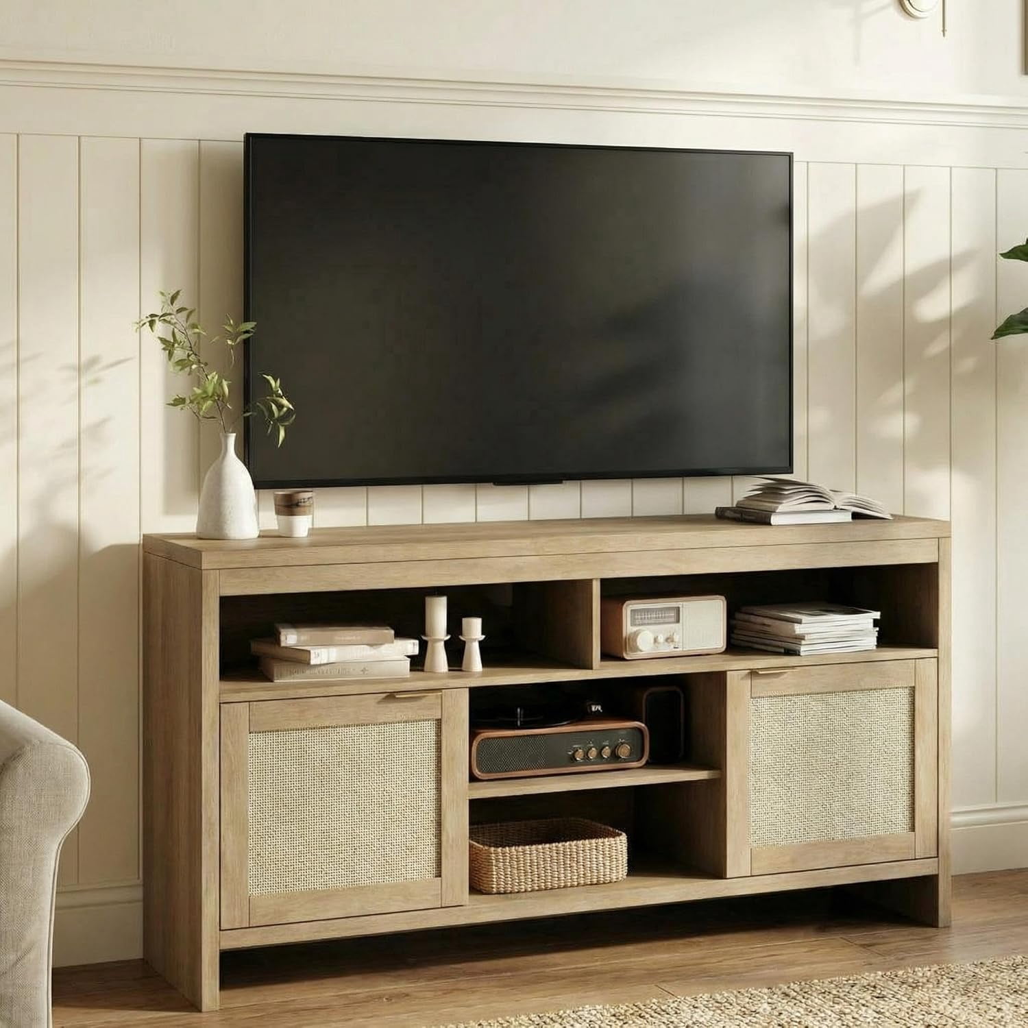 30" Tall Rattan TV Console Cabinet with Storage，Entertainment Centre Media Console for 45-65" TV Living Room ，30 in Tall Oak Wood Television Stands