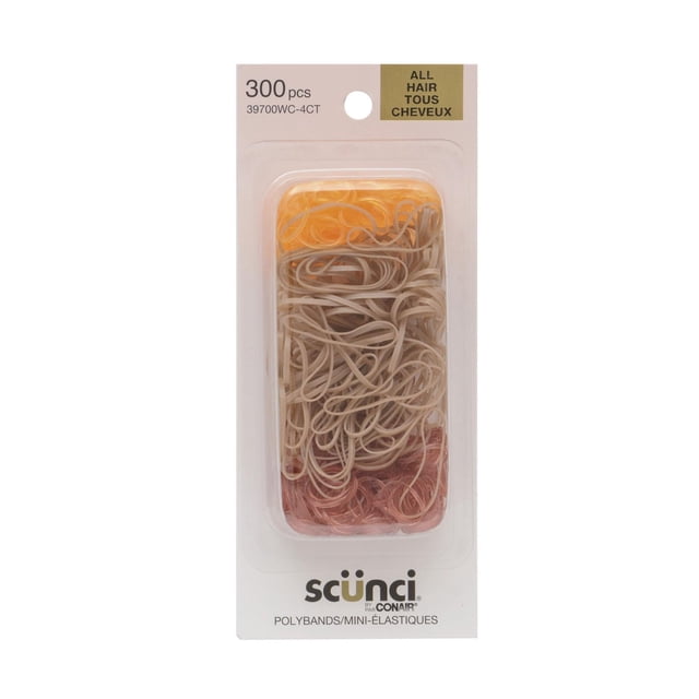 Scünci 300pcs Elastic Polyband Blonde pack with assorted translucent yellow, beige, and pink mini hair elastics in clear plastic packaging, designed for all hair types and ideal for no-damage styling and hair braiding.