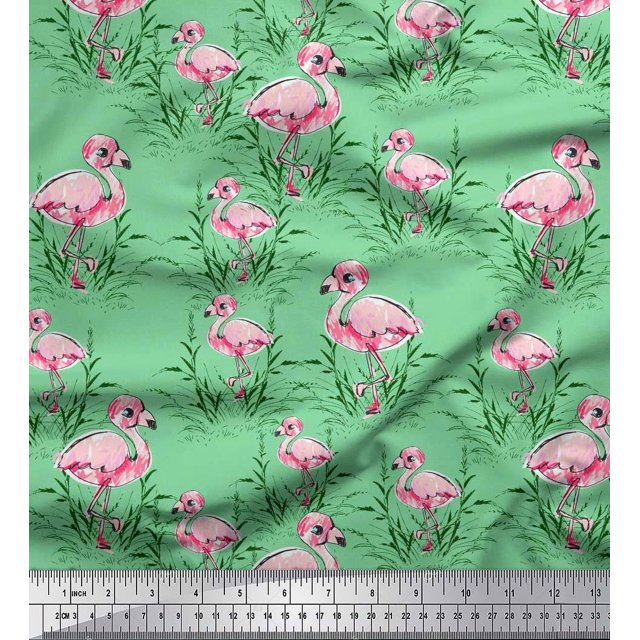 Soimoi Green polyester Crepe Fabric Grass & Flamingo Bird Printed Fabric 1 Yard 42 Inch Wide
