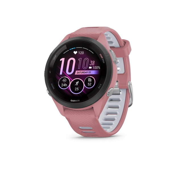 Garmin Forerunner® 265S Montre Intelligente GPS Rose avec un design Léger de 42 mm, Dotée d'Un Écran Tactile AMOLED Rond Indiquant l'Heure, la Fréquence Cardiaque, le Niveau de Batterie, la date et les Indicateurs d'Activité, avec Boutons Latéraux et un Bracelet en silicone Ventilé, Idéale pour la Course et le Suivi Multisport, Y Compris les triathlons et le Cyclisme.