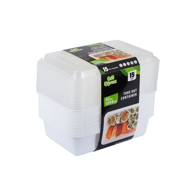 Café Express Rectangular Food Storage Take Out Containers with Lids, 1250 ml, 15 Sets Front-facing stacked view of clear rectangular polypropylene containers with matching snap-on lids, each 1250 ml (42 oz). Stackable and leak-resistant, microwave- and freezer-safe for meal prep, takeout and leftovers; also suitable for organizing craft supplies.