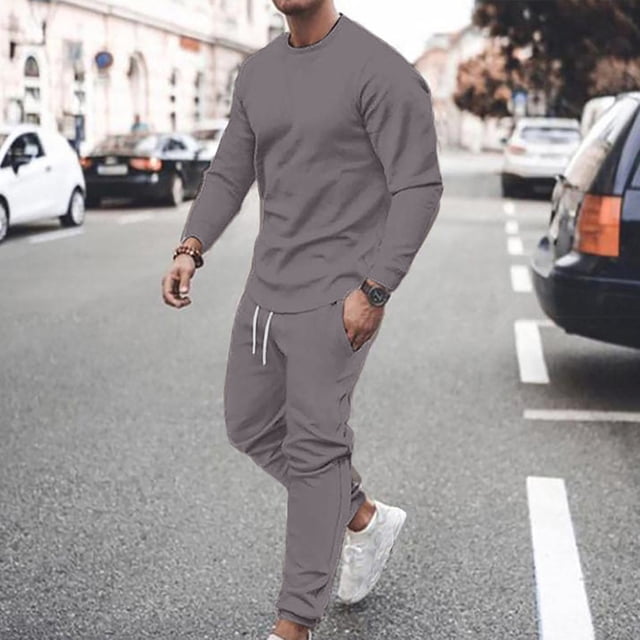 DPTALR Men Casual Solid Round Neck Pullover Sports Suit Long Sleeve Trousers Two-Piece Tracksuit