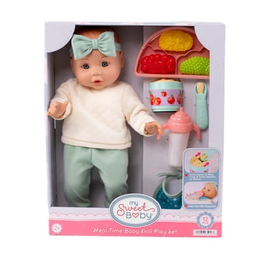 My Sweet Baby – Ensemble Repas avec Poupée Bébé 14 pouces, Tenue Ivoire et Vert Sauge, 12 Pièces