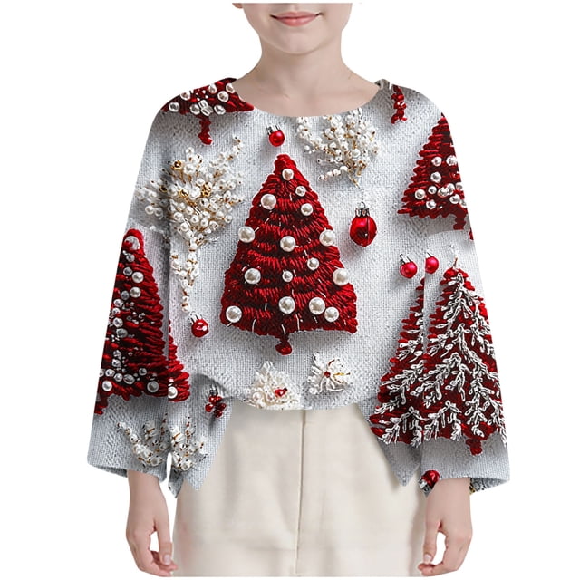 Birdeem T-Shirt Ample à Manches Longues pour Enfants avec Imprimé de Noël, Col Rond, Mode Courte, T-Shirt de Noël Amusant, T-Shirt de Noël pour Garçons