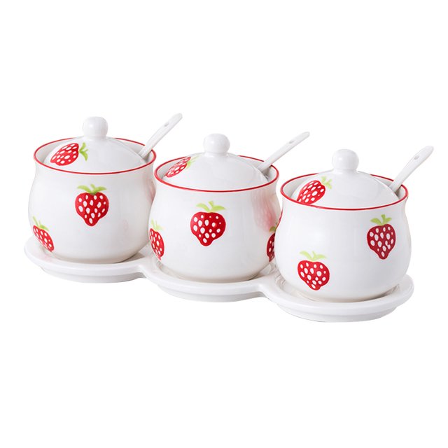 European Style Sugar Bowl With Spoon, Pink Flowers And Green Leaves Pattern Sugar Container, Porcelain Spice Jars-red strawberry-3 Set
