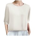 thumbnail image 1 of Plebaso Hauts à Col Rond à Manches Mi-Longues pour Femmes, Blouses Amples Décontractées d'Été, Hauts Élégants de Couleur Unie pour Femmes, 1 of 3