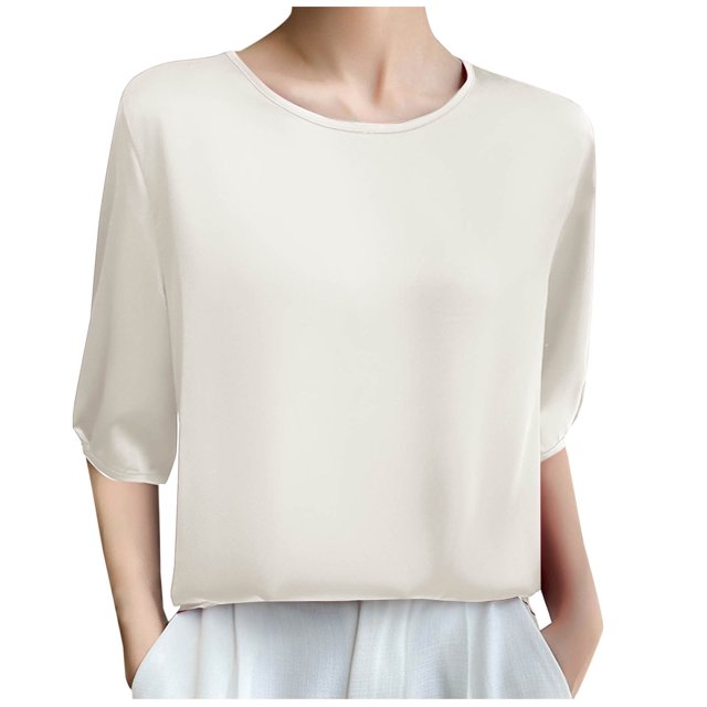 Plebaso Hauts à Col Rond à Manches Mi-Longues pour Femmes, Blouses Amples Décontractées d'Été, Hauts Élégants de Couleur Unie pour Femmes