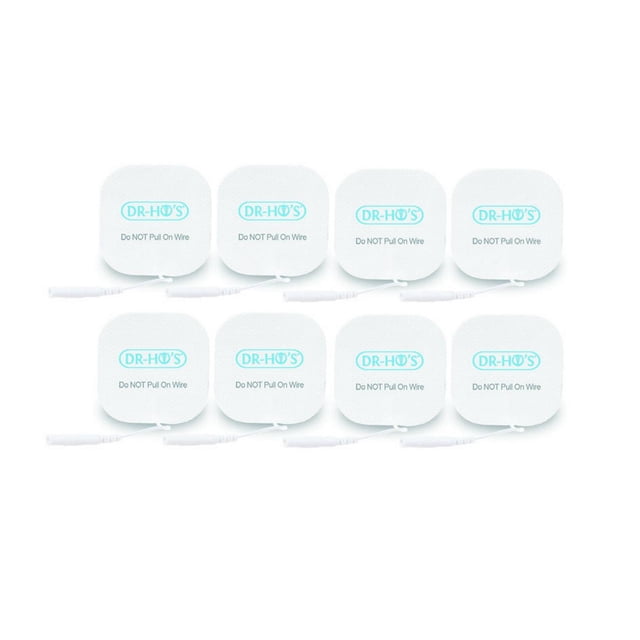 DR-HO'S Small Replacement Gel Pads - 4 Pairs, designed for TENS machines, shown in a set of eight rectangular white pads with attached wires. These reusable gel pads are ideal for targeting smaller muscles in areas like the neck, shoulders, wrists, hands, back, legs, and ankles, providing precision pain relief and tension reduction.