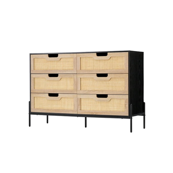 Ourlova 6 Drawers Dresser For Bedroom, Natural Rattan Drawer With Spacious Storage, Wood Chest Of Drawers With Metal Legs For Bedroom, Living Room, Hallway, Entryway (5 Drawers Dresser)