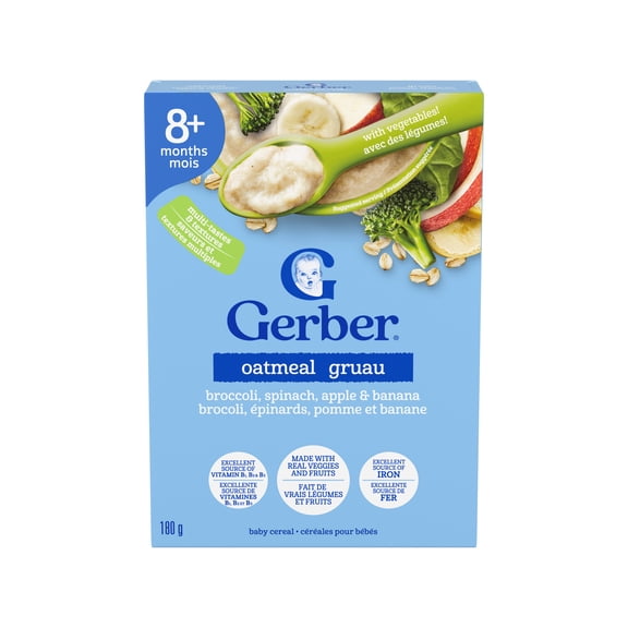 GERBER Gruau pour bébés Brocoli, épinards, pomme et banane, 8 mois et +