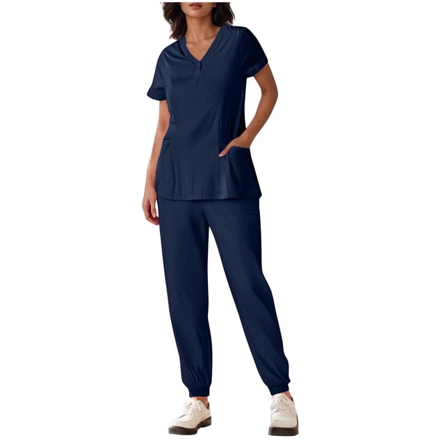 Yanlir Ensemble Deux Pièces pour Femmes, Blouse à Manches Courtes Boutonnée, Couleur Unie, Col en V et Pantalon à Bas Resserré, Mode (Bleu Foncé, 2TG)