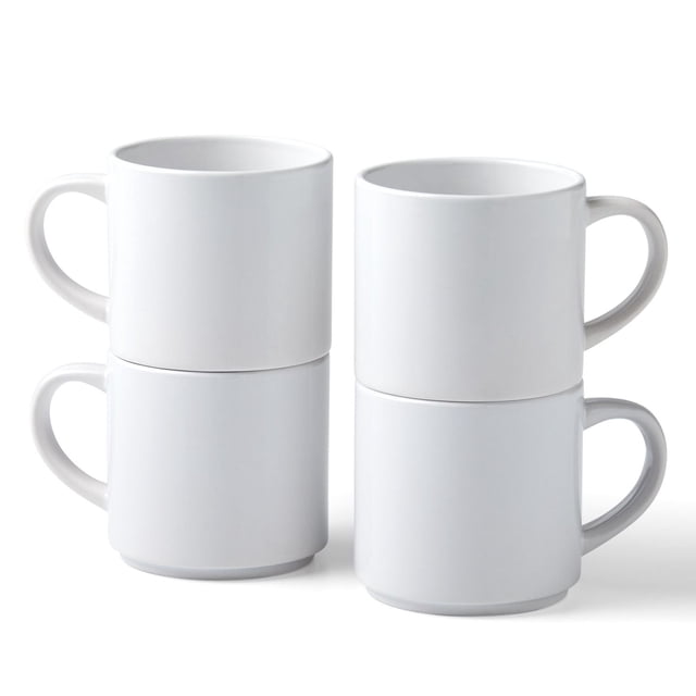 Cricut Stackable Ceramic Mug Blank 4ct with four white 10 oz ceramic mugs stacked in pairs, featuring smooth straight pressing surfaces for Infusible Ink™ transfers, dishwasher and microwave safe, suitable for creating personalized coffee mugs.