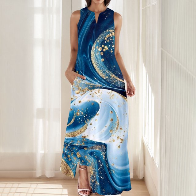 Ovzne Robes d'Été pour Femmes 2025 Robe Femme Mode Confortable Été Imprimé Sans Manches Col en V Robe Maxi Grande Taille Imprimée Liquidation