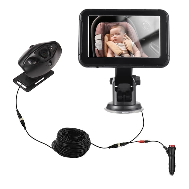 Yeacher 5-Inch HD Car Baby Monitor with 1080P resolution, night vision, and adjustable angle. The image shows a black monitor screen displaying a baby in a rear-facing car seat, connected to a compact black camera with a 150° lens angle. Includes a long connection cable, car charger, and mounting bracket. The monitor features a 16:9 aspect ratio and 400cd/m² brightness, suitable for clear viewing even at night. IP68 waterproof rating ensures durability in various conditions.