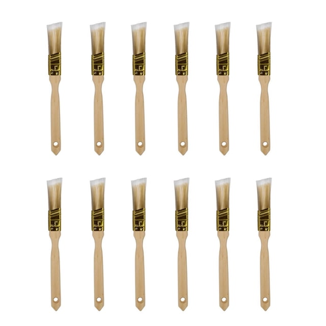ACTION-1 Professional Quality Angled Paint Brush, Pack of 12, showing twelve 1-inch angled brushes with natural wooden ergonomic handles, white-tipped polyester bristles, and gold metal ferrules, arranged in two rows on a white background, ideal for precise trim, wall, and fence painting in Canadian home projects.