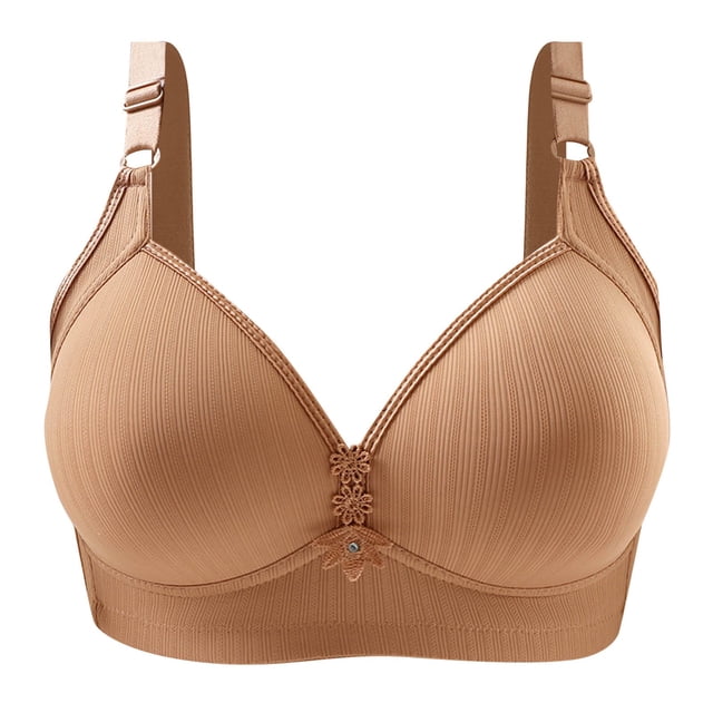B91xZ Stay-in-Place Straps Lace Bra Full-Coverage Wirefree Bra Seamless Rib Triangle Bralette,Khaki 42