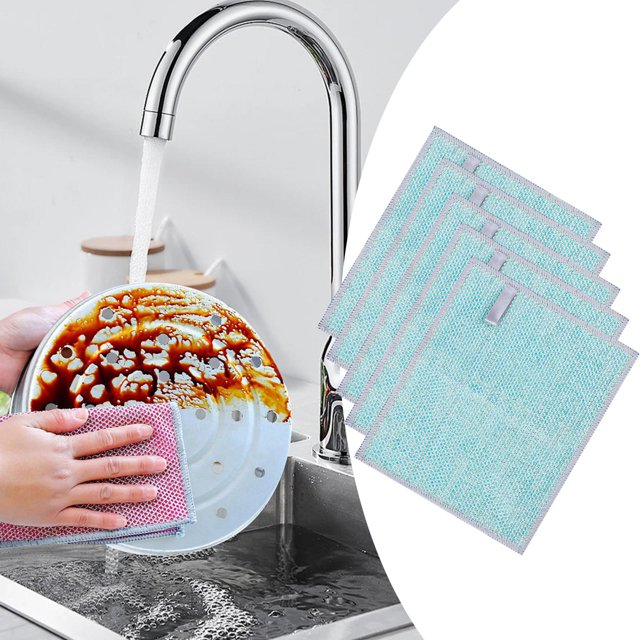 Mesh Microfiber Cleaning Cloth Reusable for Kitchen Cleaning Dishes Counters 5pcs Blue. The image displays five blue microfiber cleaning cloths with a durable mesh texture, ideal for washing dishes, drying cookware, and cleaning surfaces. One cloth is shown in use, effectively scrubbing a plate under running water to remove food residue. Each cloth measures 23cm x 18cm (9.06in x 7.09in) and is reusable, suitable for kitchens, bathrooms, and other areas.