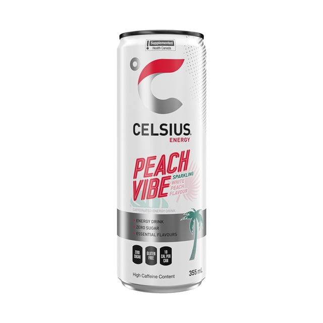 Celsius Peach Vibe Energy Drink 355mL can with white and silver finish, featuring red and teal text highlighting sparkling white peach flavour, zero sugar, gluten free, and 10 calories per can, with a palm tree graphic and high caffeine content, ideal for a refreshing energy boost.