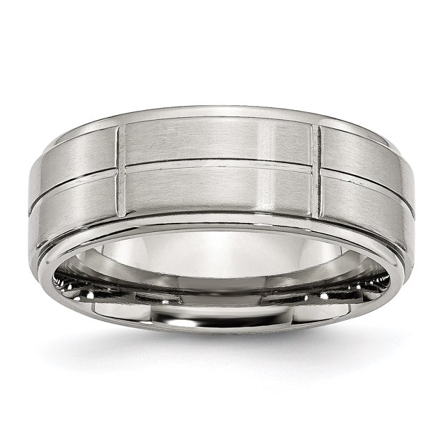 Stainless Steel Grooved 8mm Brushed Polished Ridged-Edge Band Ring 6 Size