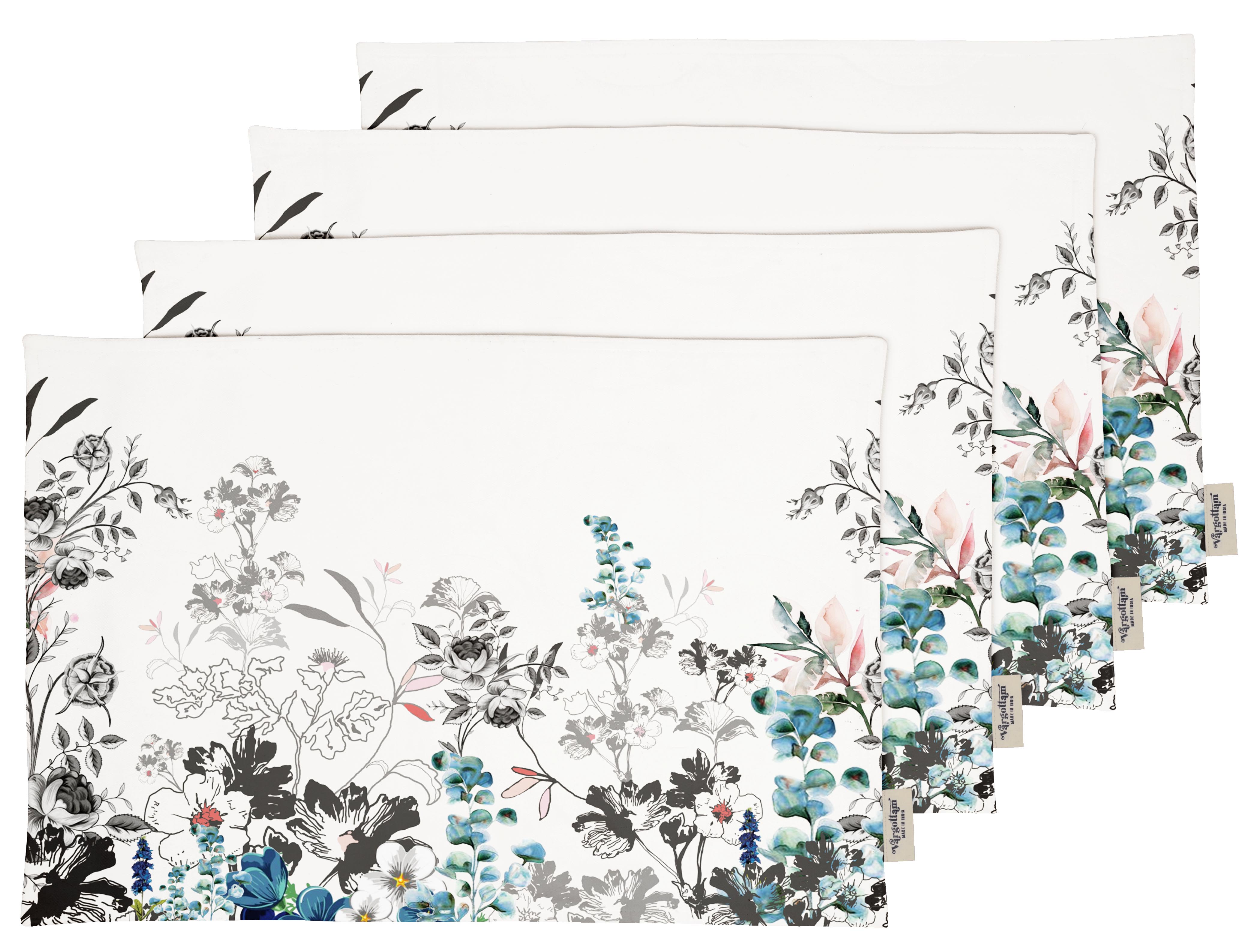 Vargottam Napperons - Napperon pour Table à Manger, Ensemble de 4 - Serviette en Coton Imprimée et Réversible - Napperons d'Intérieur pour Table de Maison et de Cuisine - Fleurs Aquarelle (Bleu et Gris)