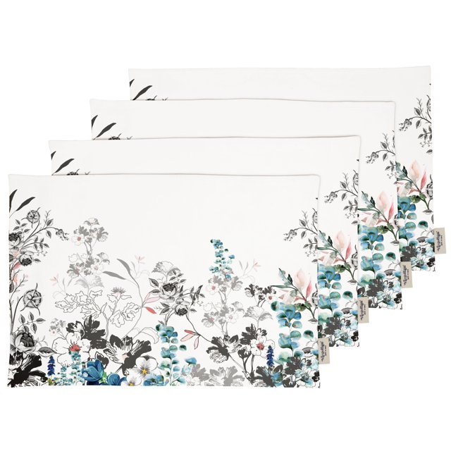 Vargottam Napperons - Napperon pour Table à Manger, Ensemble de 4 - Serviette en Coton Imprimée et Réversible - Napperons d'Intérieur pour Table de Maison et de Cuisine - Fleurs Aquarelle (Bleu et Gris)