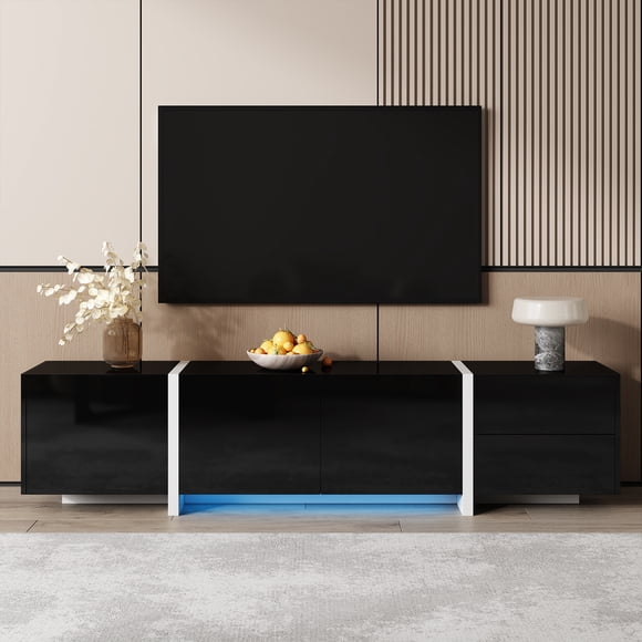Modern TV Stand, 65 70 75 Inch Black TV Stands for Living Room, Entertainment Center with Storage, TV Console Table with Adjustable Hinge (Black)