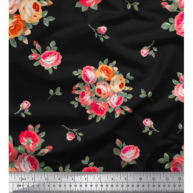 Soimoi Velvet Fabric Leaves & Rose Flower Print Sewing Fabric Yard 58 Inch Wide