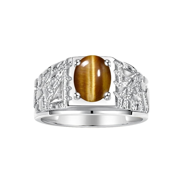 RYLOS Men's Rings Sterling Silver Designer Nugget Ring Oval 9X7MM Gemstone & Diamonds Tiger Eye November Birthstone Rings For Man Size 8