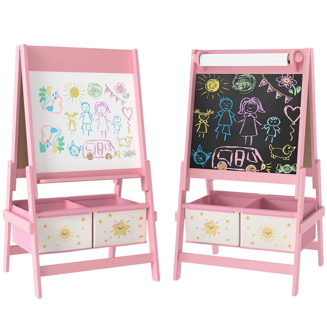 Qaba Art Easel pour Enfants, Chevalet 3-en-1 Double Face pour Enfants avec Rouleau de Papier - Rose. un Chevalet Rose Double Face Conçu pour les arts et l'Artisanat, avec un Tableau Noir, un Tableau Blanc et un Porte-Rouleau de Papier en Haut. Comprend Deux Boîtes de Rangement avec des Motifs Ludiques d'Étoiles et de Soleil, Soutenu par un Cadre en A stable en Bois de Pin et MDF. Idéal pour les Salles de Jeux pour Enfants Ou les Milieux Éducatifs, Convient aux Âges de 3 à 8 Ans.