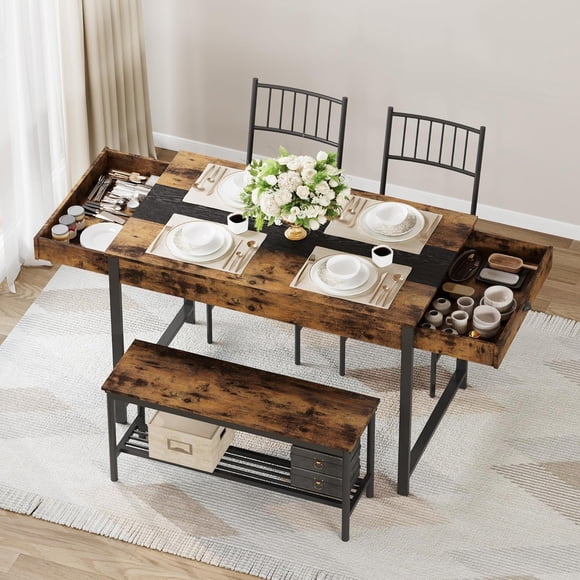 Dining Table Set for 4, Small Kitchen Table and 2 Chairs for 4 with Bench, Breakfast Nook Rectangular Farmhouse Table Set, Space Saving Kitchen Table Set with Storage Drawers, Retro Brown