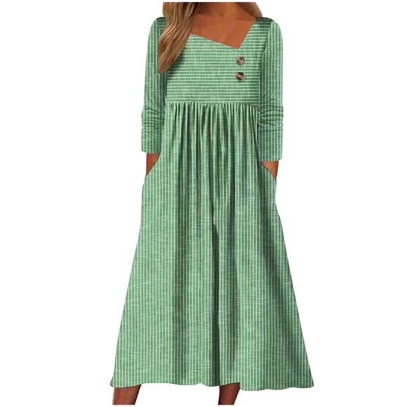 Elegant Dress Women's Summer Comfort Fashion Printing Button Pocket Long Sleeve Dress Pleated Dress S-143 Green L