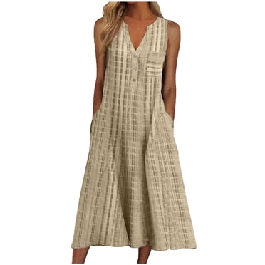 EQWLJWE Longue Robe pour Femmes Mode Féminine Décontractée Sans Manches à Col en V à Boutons à Rayures Imprimées avec Poche Robe Maxi