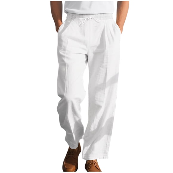 Black Cargo Pants Men Men's Casual Solid Color Elastic Waist Drawstring Beach Wide Leg Pocket Pants White XXL