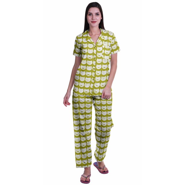 Moomaya Ensemble de Pyjama à Manches Courtes Imprimé pour Femmes Chemise de Nuit Boutonnée Imprimée