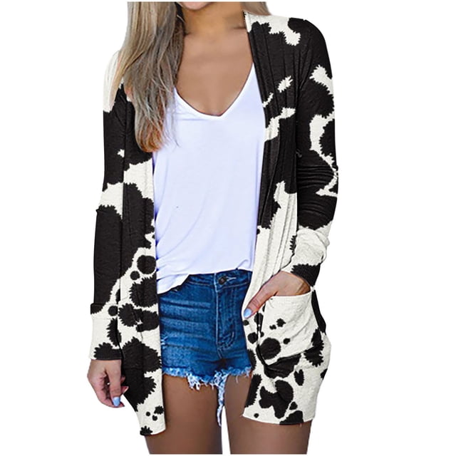 CEHVOM Mode Femme Manches Longues Ouvert à l'Avant Imprimé Poche Manteau Blouse Hauts Liquidation