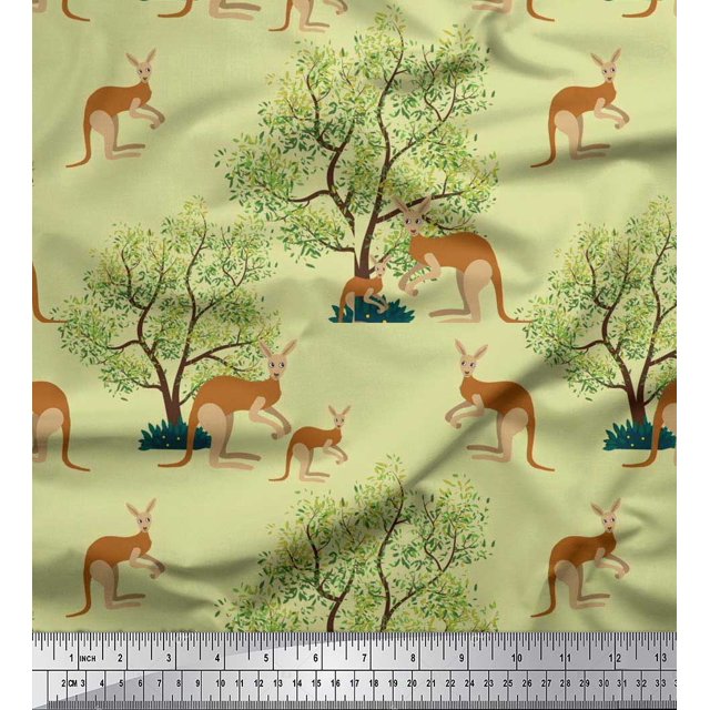 Soimoi Rayon Fabric Tree & Kangaroo Animal Decor Fabric Printed Yard 42 Inch Wide