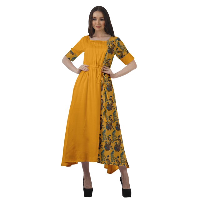 Moomaya Robe Midi en Viscose à Imprimé Style Santoon, Encolure Dégagée, Décontractée, pour Femmes