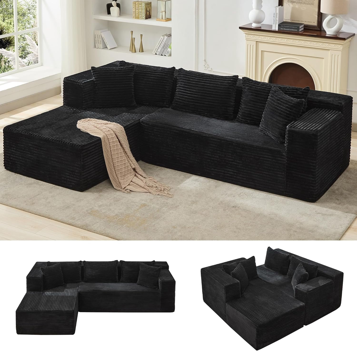 Modular Sectional Sofa Cloud Sectional Couch, 106" Comfy L Shaped Black Couches for Living Room,Oversized Sofa Sleeper with Deep Seat, No Assembly Required