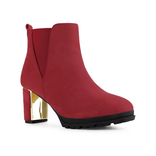 Unique Bargains Bottes à Talons Épais à Plateforme à Bout Rond Effet Miroir pour Femmes Rouge (Taille 9)
