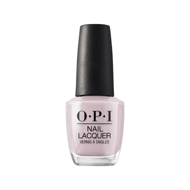 OPI Nail Lacquer bottle in pale pink with a black textured cap, featuring the brand name and product type, designed for smooth, chip-resistant nail colour with a pro-wide brush for flawless application.