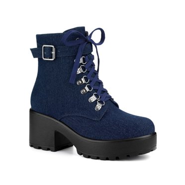 Unique Bargains Women's Chunky Heel Platform Ankle Combat Boots Dark Blue (Size 9)