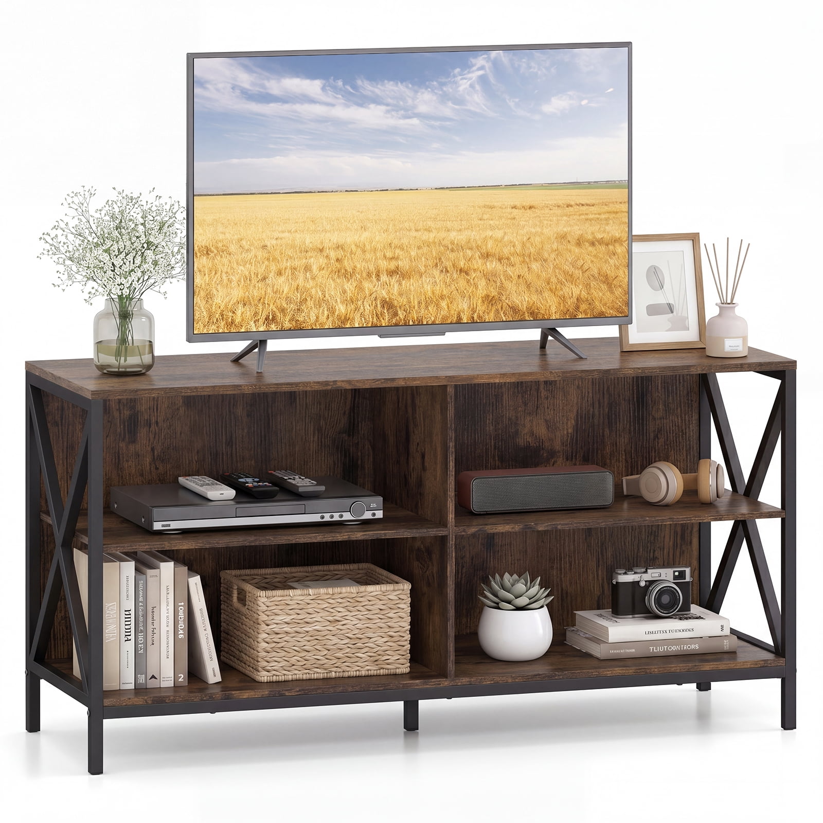 Gymax Meuble TV pour téléviseurs jusqu'à 55'' Centre de divertissement de 48'' avec 4 étagères de rangement ouvertes, Cabinet TV en bois avec pieds en métal surélevés