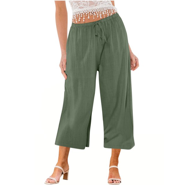 Yuyuzo Wide Leg Pants for Women High Waist Cotton Linen Drawstring Ruched Solid Color Boho Beach Trousers