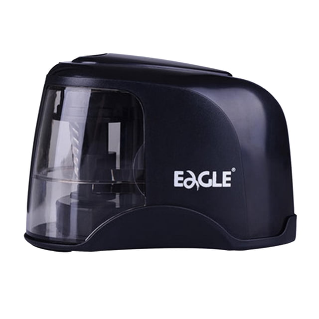 S SERENABLE Desktop Pencil Sharpener, a portable electric pencil sharpener with a black plastic and alloy steel body. Features a strong motor with a spiral blade for quick sharpening, capable of sharpening new pencils in 5 seconds and dull pencils in 3 seconds. Includes a large capacity shavings box with an automatic stop function for safety. Powered by USB or 4 AA batteries (not included). Suitable for 6.5-8mm diameter pencils. Compact size of 122x68x83mm, ideal for school, office, or home use.