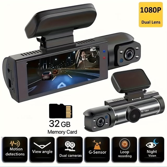 Dual camera dash cam for cars with front and inside recording capabilities, featuring 1080p video resolution, IR night vision, and a 30FPS frame rate. The device includes a rechargeable lithium-polymer battery, adhesive mounting, and operates on 12-24V power via a car plug. Shown with a 32GB memory card and icons highlighting motion detection, wide viewing angle, G-sensor, loop recording, and night vision.